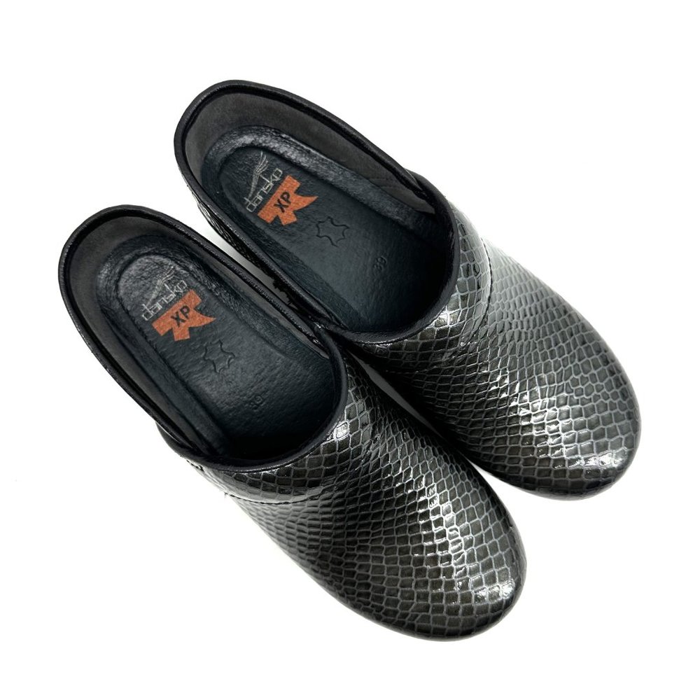 Dansko XP Patent Leather Faux Reptile Skin Charcoal Grey Silver Mule Clog 38 - Picture 6 of 8
